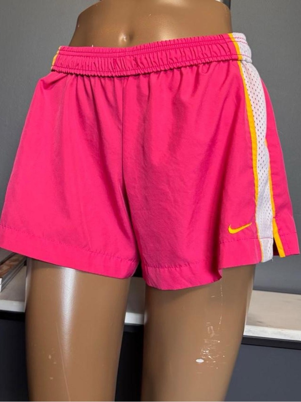 Nike Y2K pink activewear shorts with white and yellow side stripe - Picture 3 of 4